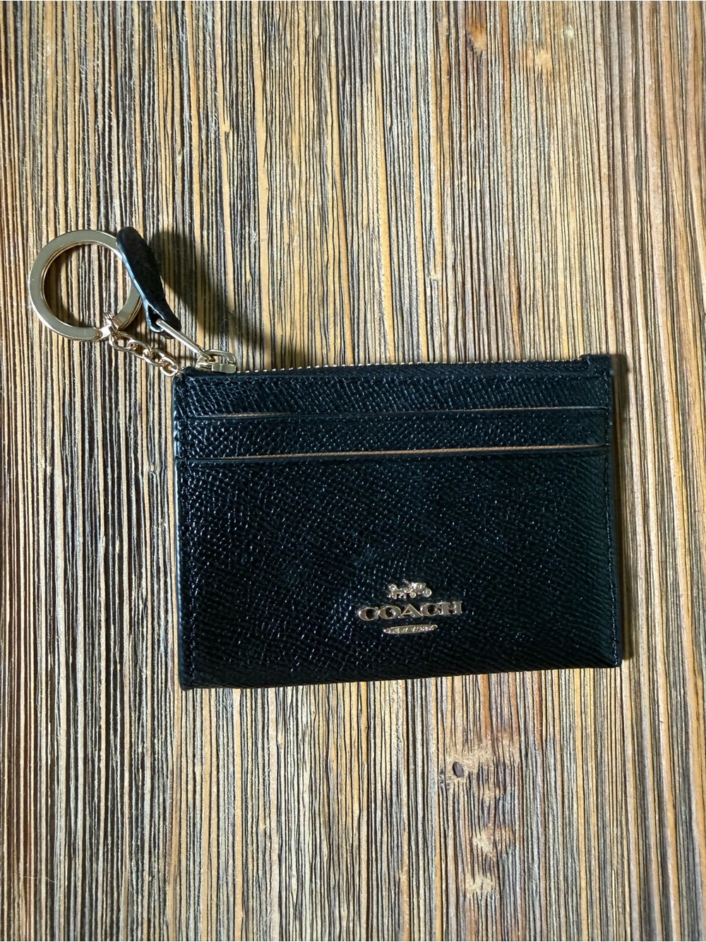 Coach Black Leather Card Holder with Gold Keyring